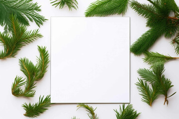 Spruce branches frame a white sheet of paper, marketing text. Generative AI