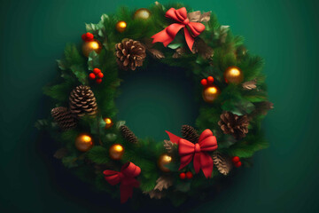 Fototapeta na wymiar Christmas wreath on green background. Generative AI