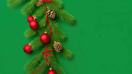 Obraz na płótnie Canvas Christmas garland spruce branches on a green background, decorations, a few small red matte christmas balls. Generative AI