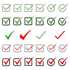 シンプルな線画のチェックマーク　丸と四角　赤と緑　line drawing check icon