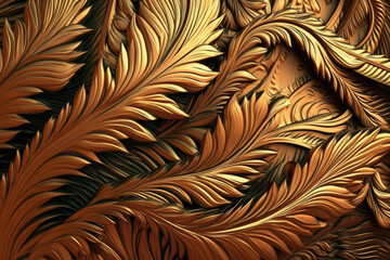 Pattern of golden feathers, leaves illustration background. Wall mural in the interior, textiles, fabric background. Generative AI