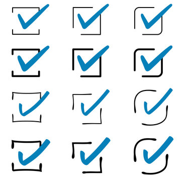 Handwritten check mark with stylish line frame blue