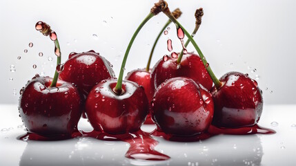 red cherries with water drops isolated on white background, a tempting image of freshness and summertime. generative ai