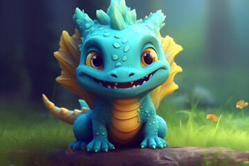 Cute little smily dragon. Cartoon funny baby dragon with wings, tail and horns. Happy fantasy characters head. Young mythical reptile monster. Generated by artificial intelligence