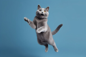 Gray cat jumping on a blue background. Banner concept for petshops and pet niche ecommerce. Generative AI - obrazy, fototapety, plakaty