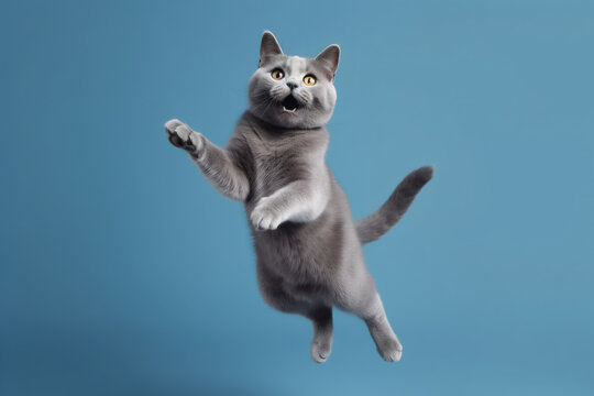 Gray cat jumping on a blue background. Banner concept for petshops and pet niche ecommerce. Generative AI