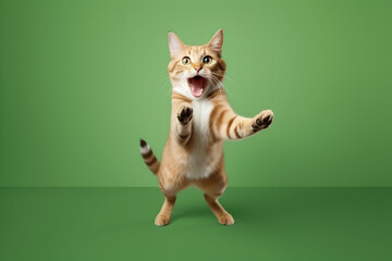 Fototapeta premium Surprised cat jumping on a green background. Banner concept for petshops and pet niche ecommerce. Generative AI