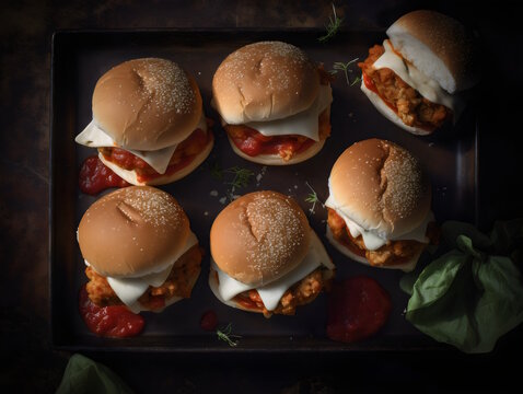 Chicken Parmesan Sliders Miniature Delights with Breaded Chicken, Marinara Sauce, and Melted Cheese, a Tasty Twist on a Classic Italian Dish. generative ai