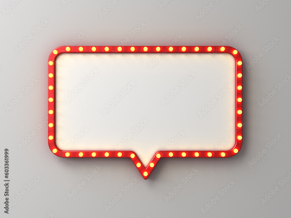 Fototapete Blank retro speech bubble signboard or red rounded rectangle notification sign pin with retro neon light bulbs isolated on white wall background with shadow 3D rendering