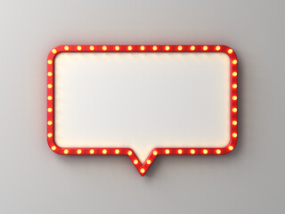 Blank retro speech bubble signboard or red rounded rectangle notification sign pin with retro neon light bulbs isolated on white wall background with shadow 3D rendering