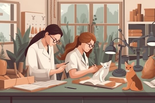 Illustration showcasing veterinarians in a veterinary clinic. Generative Ai.