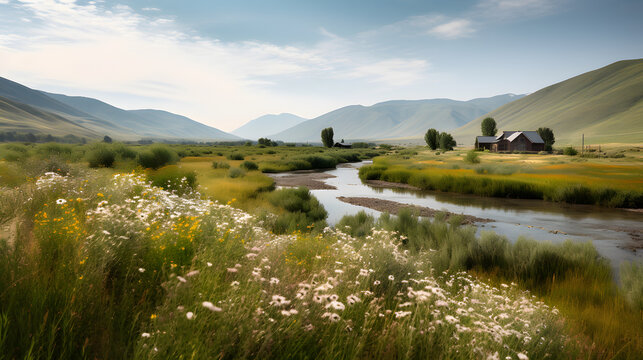 An idyllic rural setting, where a meandering river winds through a picturesque valley, with fields of wildflowers, tall grasses, and distant mountains providing a breathtaking backdrop. Generative AI