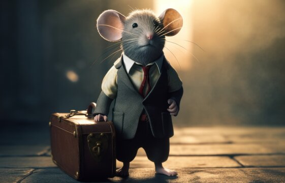 Illustration of a mouse dressed in a business suit carrying a briefcase. Generative Ai.