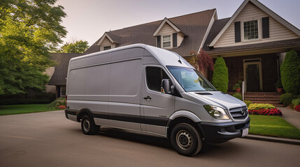 Professional Moving Services, Van Parked in Front of Home for Safe and Secure Transfer. Generative AI