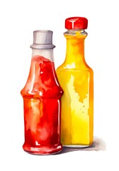 Watercolor illustration of mustard and ketchup in glass bottles on white background. Generative AI.