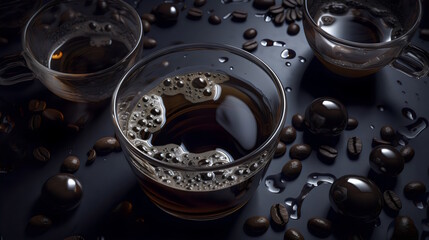 Cup of Richly Brewed Coffee Surrounded by a Scatter of Coffee Beans on a Table, an Aromatic Delight for Coffee Lovers. generative ai