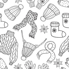 Winter clothing sweaters, hats, mittens and gloves pattern in doodle style.