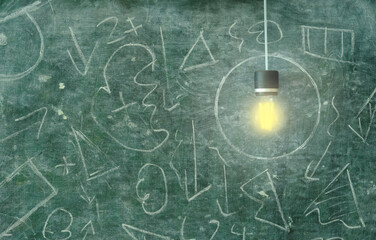 Innovation,idea,vision,simplicity business concept,glowing light bulb in circle surrounded by chaotic forms on blackboard.