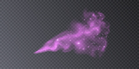 Magic sparkle cloud, purple magic star dust with sparks. Shiny fog, space dust with glowing flares isolated on dark background. Vector illustration. © Valeriia