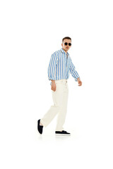 happy confident man in sunglasses and blue striped shirt