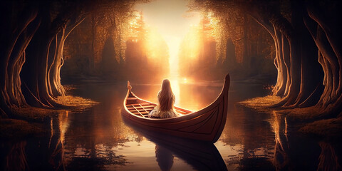 Image of a girl in an old wooden boat on a secluded fabulous forest lake, view from the back. Generative AI - obrazy, fototapety, plakaty