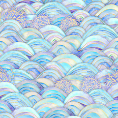 Sea waves and dragons magic blue teal turquoise purple seamless pattern