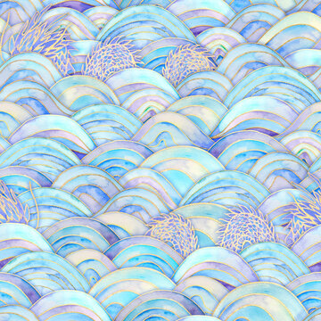 Sea waves and dragons magic blue teal turquoise purple seamless pattern