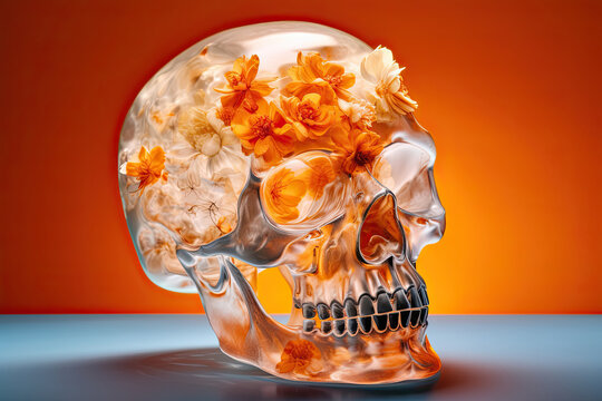 Generative AI illustration of transparent glass skull sculpture with yellow and orange flowers inside against bright background