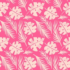 Fototapeta na wymiar Hand drawn seamless pattern with pink palm leaves monstera leaf, beige baby girl fabric print. Tropical jungle holiday vacation design, cute summer plant nature.