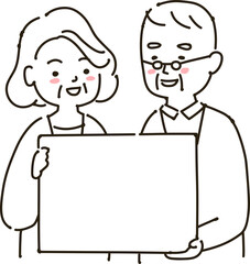 高齢者の男女の人物とホワイトボード　線画
