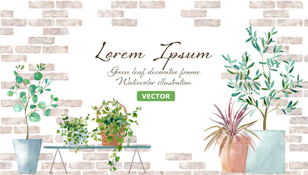 レンガ壁を背景にした色々な鉢植え植物の水彩イラスト。ナチュラルなフレームデザイン。（ベクター。鉢と植物の交換可能）
