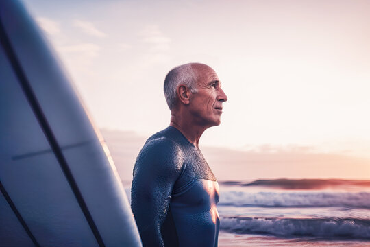 Generative AI image of side view of bald middle aged male in blue wetsuit standing near surfboard and looking away against cloudy sundown sky and wavy seafront