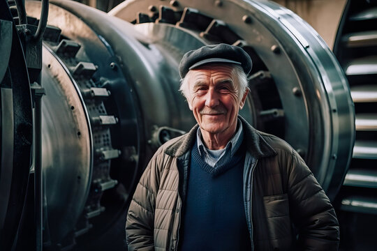 Generative AI image of smiling mature male mechanic in cap looking at camera while standing near heavy machinery inside industrial factory building