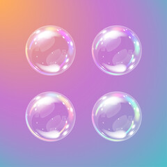 Four different soap bubbles  with rainbow reflection on gradient background. Colorful element, clip art. Vector illustration