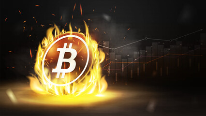 Dark poster with gold bitcoin in fire flame on a dark blurred background with fog and cryptocurrency graph