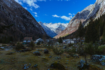 The mountains and nature of the Val di mello natural park, one of the most visited tourist areas in the Valtellina, near the village of Masino, Italy - April 2023.