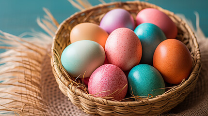 Obraz na płótnie Canvas Wicker basket with colorful eggs. Generative AI