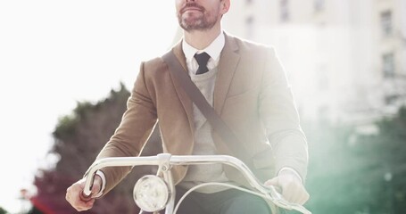 Carbon footprint, commute and a business man cycling to work in the city for eco conscious sustainability. Bicycle, travel and a male employee riding through a park in an urban town during the day