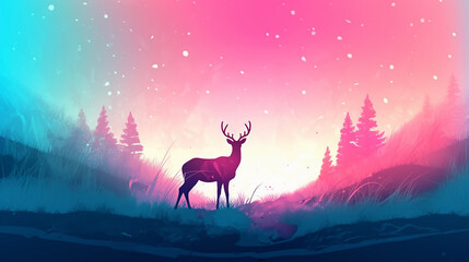 Naklejka premium Silhouette of deer in forest night landscape. Colorful abstract art of reindeer in the winter season. Pink and blue color combination. Generative AI