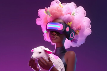 Generative AI illustration of black woman with pink Afro hair in VR headset standing on purple background and holding sheep