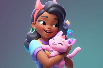 Generative AI illustration of delighted young ethnic lady with long dark hair in colorful clothes smiling happily while embracing cute fairy pink cat against green background