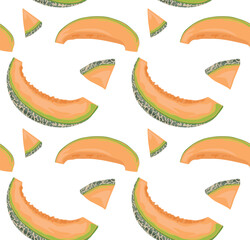 Melon slices are semicircular and triangular at different angles. Seamless pattern in vector. Suitable for backgrounds and prints.