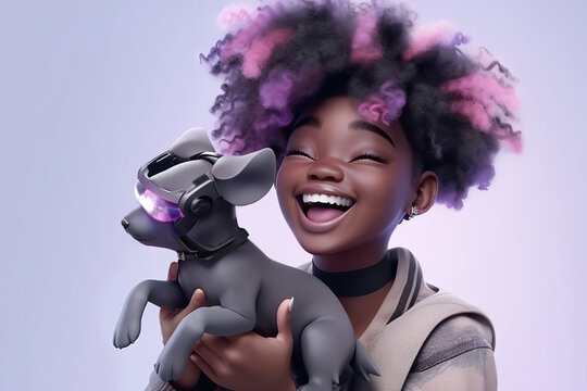 Generative AI illustration of cheerful African American woman with curly Afro hair holding adorable dog in VR googles