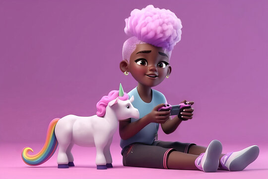 Generative AI illustration of full body of cheerful African American girl with creative haircut sitting on floor near fairy unicorn and playing videogame with joystick