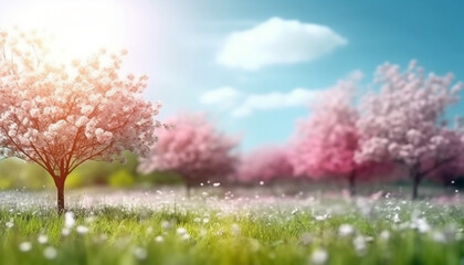 Blooming Spring Landscape with Blue Sky and Glade, generative AI