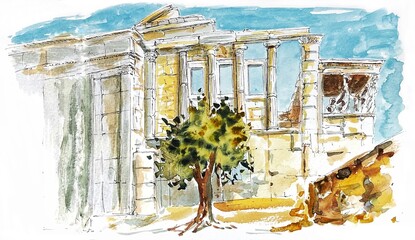 Illustration à l'aquarelle de ruines antiques du temple Erecthéion sur l'Acropole d'Athènes en Grèce à côté du Parthénon