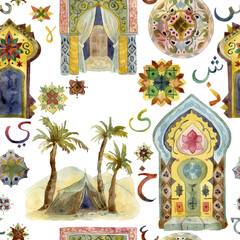 Seamless pattern with floral elements, Arabic arches, Arabic calligraphy and landscape with camels and palms. Watercolor illustration (no translation, random letters of the alphabet)
