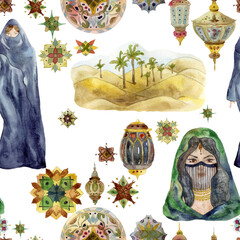 Seamless pattern with floral elements, lanterns, desert landscape with palms, architecture and women in traditional clothes. Traditional islamic ornament. Watercolor illustration