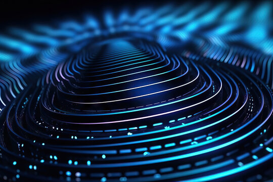 Generative AI illustration of abstract futuristic background with glowing lines shining in dark forming tunnel on black surface