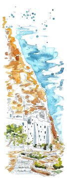 Illustration &agrave; l'aquarelle du Monast&egrave;re de la Panagia Chozoviotissa, c&eacute;l&egrave;bre film&eacute; dans le grand bleu de Luc Besson dans l'&icirc;le grecque d'Amorgos